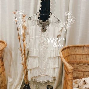 • Boho • Frayed White Ruffle Mini Dress •